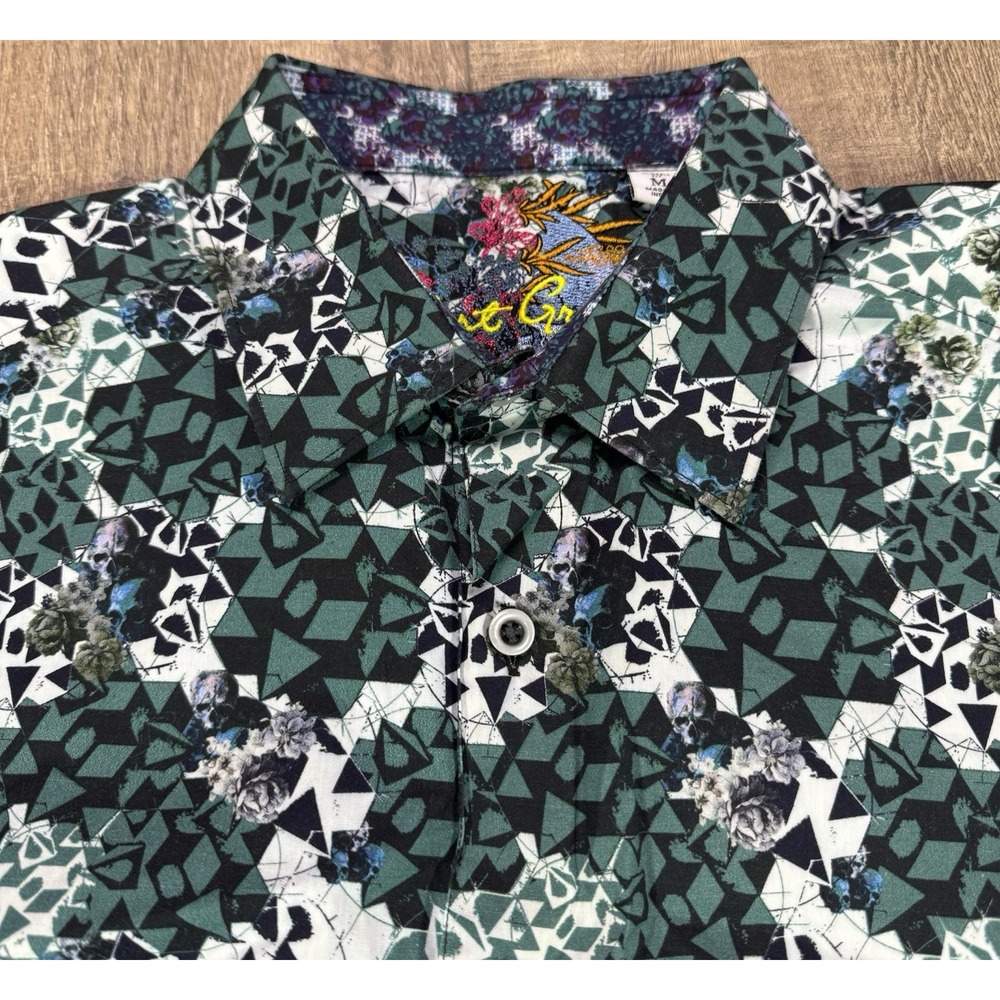 Robert Graham Finchley Green Geo Skull Bud Mens Med Flip Cuff Button Up Shirt - Picture 2 of 12